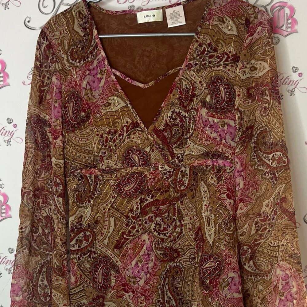 Laura long sleeve blouse shirt shiny gold Paisley V-Neck Blouse - Pink and Brown - Picture 5 of 6